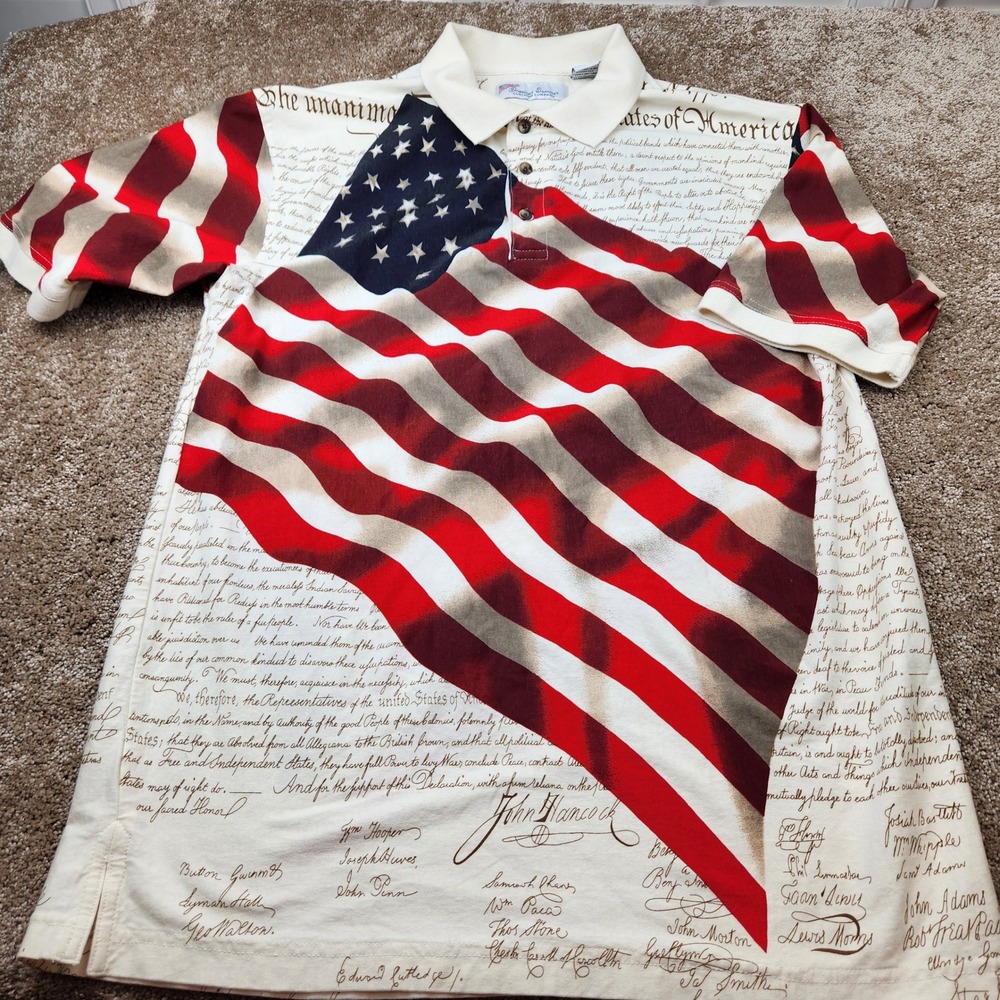 American Summer Mens Declaration of Independence US Flag Polo Shirt Large Cream
